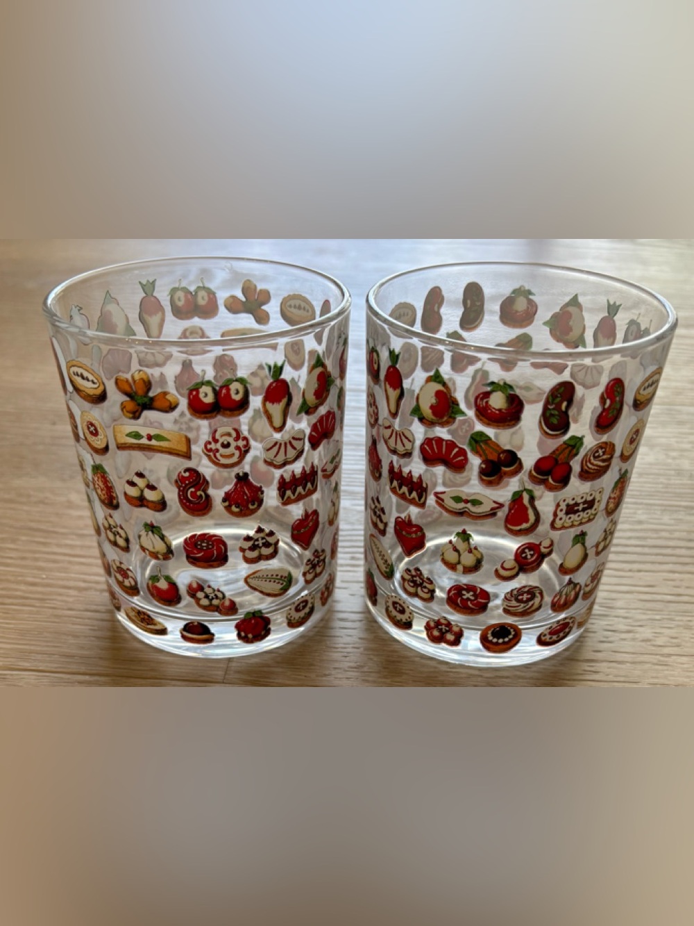 2 - JOHN DERIAN TARGET COCKTAL GLASS SET - Dessert Bakery Fruit Pattern - NEW